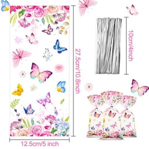 Pajean 100 Pcs Butterflies Cellophane Treat Bags Watercolor Flowers Butterfly Printed Goodie Candy Favor Bags with 100 Twist Ties for Butterfly Girls Birthday Baby Shower Summer Themed Party Supplies