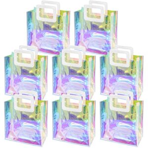 valentine’s day small gift bags holographic iridescent bags, 8.3 x 8 x 4 inch clear reusable gift tote bags pvc wrap bag with handle for valentine’s wedding birthday shopping travel party (8 pcs)