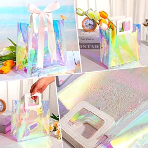 Valentine's Day Small Gift Bags Holographic Iridescent Bags, 8.3 x 8 x 4 Inch Clear Reusable Gift Tote Bags PVC Wrap Bag with Handle for Valentine's Wedding Birthday Shopping Travel Party (8 Pcs)