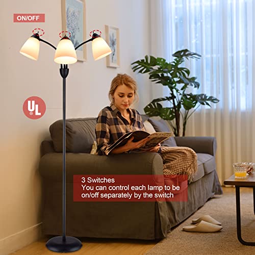 DINGLILIGHTING DLLT Modern Reading Floor Lamp, 3-Light with Adjustable Flexible Gooseneck Tree Standing Lamp for Living Room, Bedroom, Study Room, Office -Black Metal White Shades, E26 Base, UL