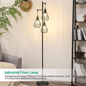 EDISHINE Industrial Floor Lamp, Tree Floor Lamp with 3 Elegant Teardrop Cage Head & 4W 3000K Edison Bulbs, Sturdy Base Standing Floor Lamp for Bedroom, Living Room, Office, E26 Base