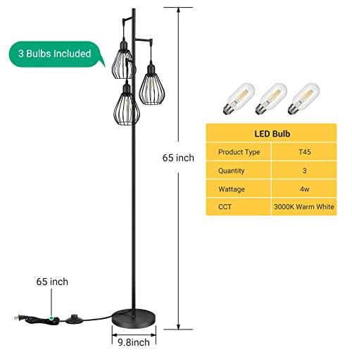 EDISHINE Industrial Floor Lamp, Tree Floor Lamp with 3 Elegant Teardrop Cage Head & 4W 3000K Edison Bulbs, Sturdy Base Standing Floor Lamp for Bedroom, Living Room, Office, E26 Base