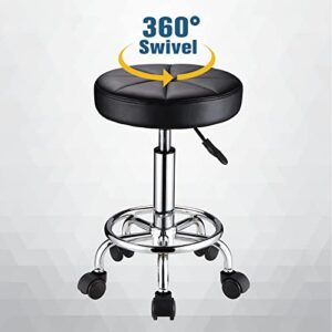 HMTOT Swivel Stool with Wheels Round Rolling Stools PU Leather Height Adjustable Black