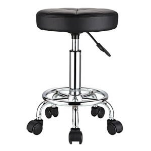 HMTOT Swivel Stool with Wheels Round Rolling Stools PU Leather Height Adjustable Black