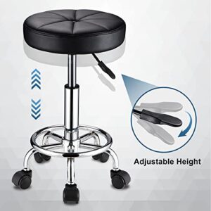 HMTOT Swivel Stool with Wheels Round Rolling Stools PU Leather Height Adjustable Black