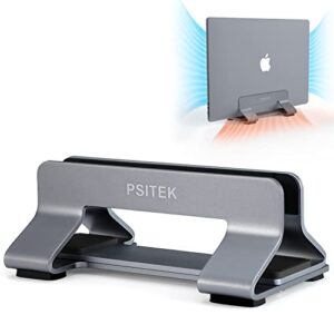 psitek aluminum vertical laptop stand dock holder, space-saving upright storage for all macbook and laptops, adjustable slot width (10-30mm/0.4-1.2 inch), version 2023