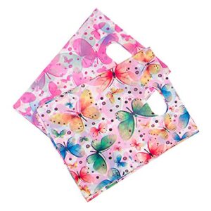 motzu 100 pieces plastic gift bags, jewelry shopping bag with handle, colorful butterfly pattern, birthday/wedding/holiday/gift packaging, 5.9 * 7.87 in