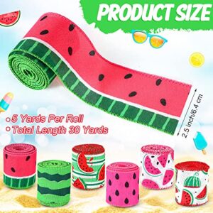 6 Roll 30 Yard Summer Wired Ribbon 2.5 Inch Watermelon Print Wired Edge Ribbons DIY Stripe Watermelon Ribbon Burlap Fruit Ribbon Roll Gift Wrapping Ribbon for Wreath Craft Baby Shower Party Decoration