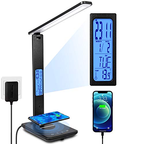 LED Desk Lamp, Desk Lamp with Wireless Charger, Suitable for Home, Office Dimmable Desk Lamp, with USB Charging Port, Built-in Clock, Calendar, Thermometer and Automatic Timing Reading Desk Lamp.