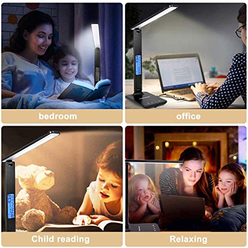 LED Desk Lamp, Desk Lamp with Wireless Charger, Suitable for Home, Office Dimmable Desk Lamp, with USB Charging Port, Built-in Clock, Calendar, Thermometer and Automatic Timing Reading Desk Lamp.