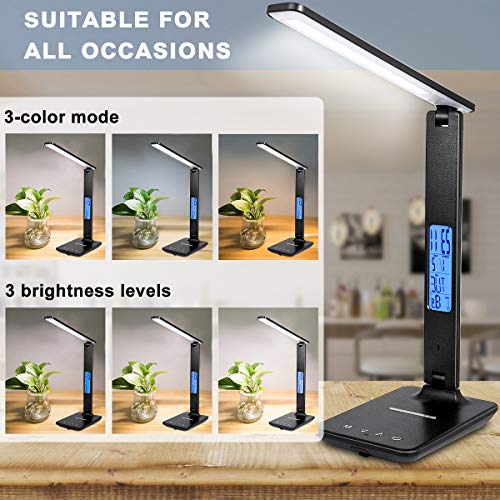 LED Desk Lamp, Desk Lamp with Wireless Charger, Suitable for Home, Office Dimmable Desk Lamp, with USB Charging Port, Built-in Clock, Calendar, Thermometer and Automatic Timing Reading Desk Lamp.