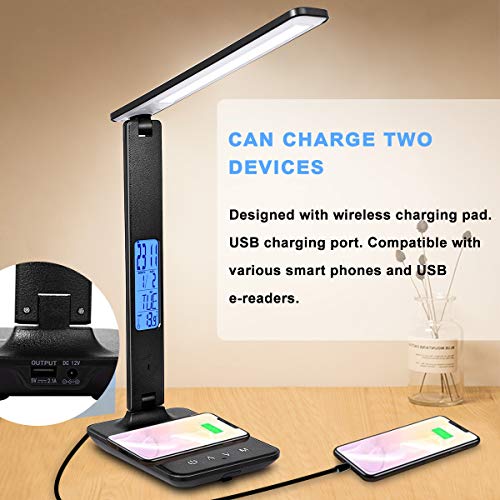 LED Desk Lamp, Desk Lamp with Wireless Charger, Suitable for Home, Office Dimmable Desk Lamp, with USB Charging Port, Built-in Clock, Calendar, Thermometer and Automatic Timing Reading Desk Lamp.