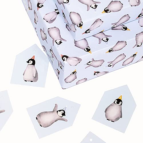 CENTRAL 23 Penguin Wrapping Paper - 6 Sheets of Birthday Gift Wrap - Cute Animal Wrapping Paper - For Men Women - Easter Gift Wrap for Him Her Boys Girls Kids - Recyclable