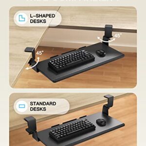 HUANUO Keyboard Tray Under Desk, Ergonomic Corner Keyboard Tray with 45° Adjustable C Clamp for L Shaped Desk, Slide Out Computer Keyboard & Mouse Tray, 27.28" W x 11.85" D, Black