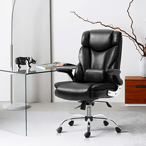 YAMASORO Ergonomic Office Chair Leather Computer Desk High Back Executive Chairs with Wheels and Flip-up Arms, Adjustable Headrest, Tilt and Lumbar Support, Black