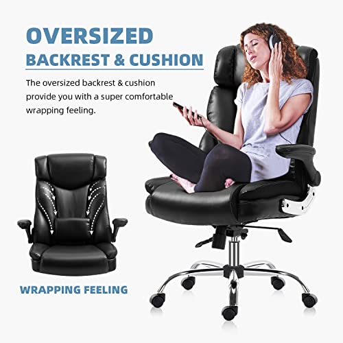 YAMASORO Ergonomic Office Chair Leather Computer Desk High Back Executive Chairs with Wheels and Flip-up Arms, Adjustable Headrest, Tilt and Lumbar Support, Black