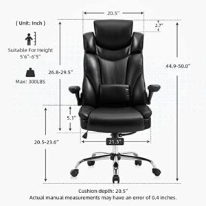 YAMASORO Ergonomic Office Chair Leather Computer Desk High Back Executive Chairs with Wheels and Flip-up Arms, Adjustable Headrest, Tilt and Lumbar Support, Black