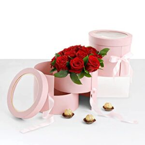 UNIKPACKAGING Premium Quality Round Flower Box, 2 TIER Gift Box with Lid, Size 7.8 dia. x 7 inch for Luxury Style Flower Arrangements (Pink)