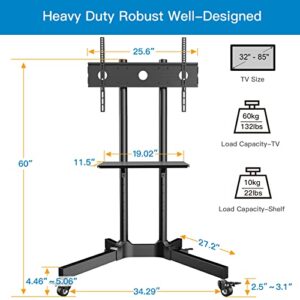 Mobile TV Cart with Wheels for 32-85 Inch Flat Curved Screen TVs- UL Certificated Height Adjustable Rolling TV Stand Hold Up to 132 lbs- Trolley Floor Stand with Tray Max VESA 600x400mm PSTVMC01
