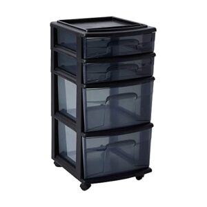 homz tall solid plastic versatile 4 drawer medium home storage cart with 4 caster wheels for home, office, dorm, and classroom, black