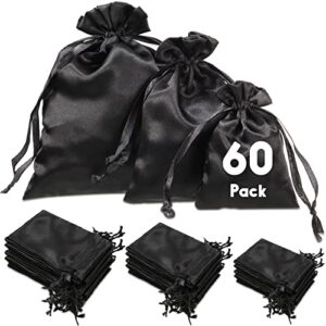 60 Pack Satin Bags Black Silk Bags with Drawstring Jewelry Gift Bags Drawstring Pouch Wedding Favor Drawstring Bags Baby Shower Christmas Gift Bags, 3 x 4", 4 x 6" and 6 x 8''
