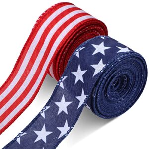 2 rolls 20 yard red white and blue ribbon patriotic star and striped wired ribbon royal blue usa ribbon diy crafts for 4th of july, independence day, memorial day (red, white, blue, 1.5 inch)