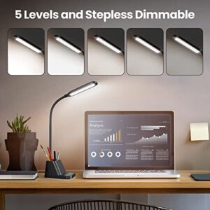 LED Desk Lamp with USB Charging Port, Small Desk Lamps for Home Office, AXX Desk Light for Bedrooms, Black Office Lamp for Small Spaces, 650LM, Gooseneck, Pen Holder, Study Lamps for College Dorm Room
