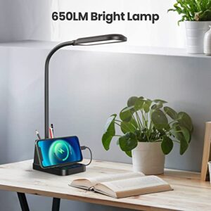 LED Desk Lamp with USB Charging Port, Small Desk Lamps for Home Office, AXX Desk Light for Bedrooms, Black Office Lamp for Small Spaces, 650LM, Gooseneck, Pen Holder, Study Lamps for College Dorm Room