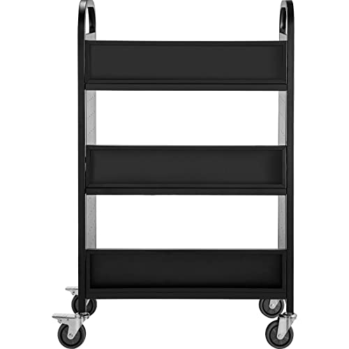 VEVOR Book Cart, 200lbs Library Cart, 30x14x49 Inch Rolling Book Cart Single Sided L-Shaped Flat Shelves with 4 Inch Lockable Wheels for Home Shelves Office and School Book Truck in Black