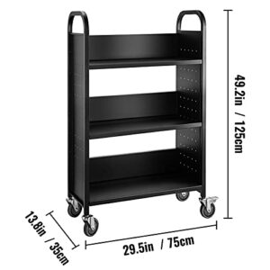 VEVOR Book Cart, 200lbs Library Cart, 30x14x49 Inch Rolling Book Cart Single Sided L-Shaped Flat Shelves with 4 Inch Lockable Wheels for Home Shelves Office and School Book Truck in Black