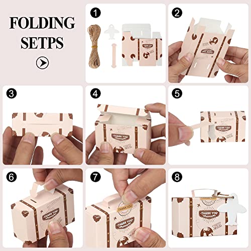 DOYIDE 50 Pack Favor Boxes, Suitcase Favor Candy Boxes, Travel Themed Wedding Favors Box, Vintage Kraft Paper Suitcase Box for Travel Themed Party/Wedding/Bridal Shower Decoration (White, 50 pack)