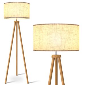 lepower wood tripod floor lamp, mid century standing lamp for living room, flaxen lamp shade, modern design standing lamp with e26 lamp base, tall floor lamp for bedroom, study room and office