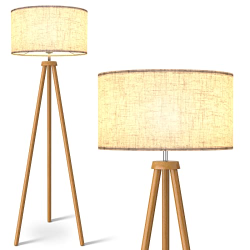 LEPOWER Wood Tripod Floor Lamp, Mid Century Standing Lamp for Living Room, Flaxen Lamp Shade, Modern Design Standing Lamp with E26 Lamp Base, Tall Floor Lamp for Bedroom, Study Room and Office