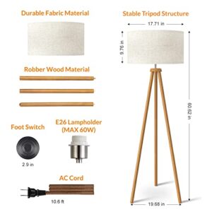 LEPOWER Wood Tripod Floor Lamp, Mid Century Standing Lamp for Living Room, Flaxen Lamp Shade, Modern Design Standing Lamp with E26 Lamp Base, Tall Floor Lamp for Bedroom, Study Room and Office