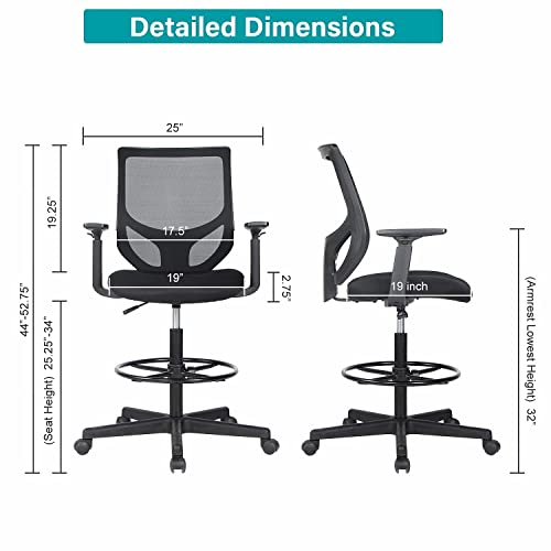 Drafting Chair Tall Office Chair, High Office Mesh Chair, Ergonomic Computer Rolling Chair, Standing Desk Stool with Adjustable Armrests and Foot-Ring