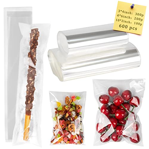 Labeol Self Sealing Cellophane Bags 600pcs 3 Sizes 3x4 4x6 2x10 Clear Plastic Bags for Packaging Pretzel Cookie Candy Favor Gift Small Treat Bags Goodie Bags Cello Bags¡­