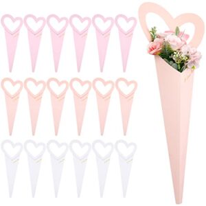 teling 18 pcs single flower sleeve love heart floral bouquet bags paper flower wrapping box waterproof packaging bag with ribbons for flower florist gift, pink, rose gold, white, 7.1 x 18 inch