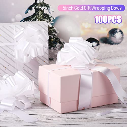 100 Pcs 5 Inch Pull Bows for Gift Wrapping, Gift Basket Bow Gift Wrapping Pull Bows with Ribbon for Christmas Presents Wedding Decor Gift Basket Gift Bag Holiday Decor (White)