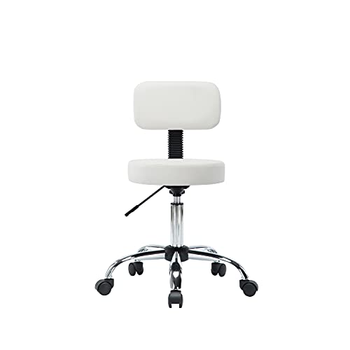 Naomi Home Mara Adjustable Stool with Wheels and Backrest, Office Rolling Stools with Wheels, PU Leather Drafting Stools,Swivel Stool with Back Rest, Small Rolling Chair, White