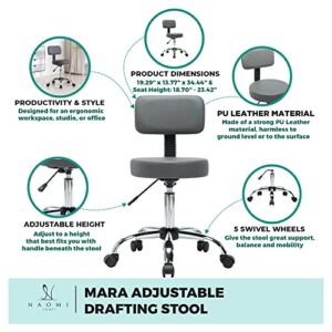 Naomi Home Mara Adjustable Stool with Wheels and Backrest, Office Rolling Stools with Wheels, PU Leather Drafting Stools,Swivel Stool with Back Rest, Small Rolling Chair, White