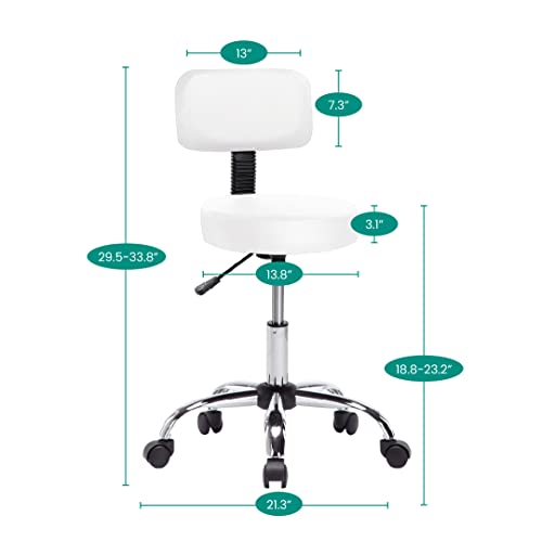 Naomi Home Mara Adjustable Stool with Wheels and Backrest, Office Rolling Stools with Wheels, PU Leather Drafting Stools,Swivel Stool with Back Rest, Small Rolling Chair, White