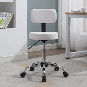 Naomi Home Mara Adjustable Stool with Wheels and Backrest, Office Rolling Stools with Wheels, PU Leather Drafting Stools,Swivel Stool with Back Rest, Small Rolling Chair, White