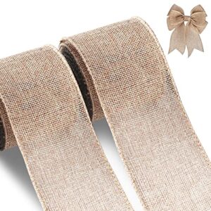 christmas burlap wired edge ribbon for gift wrapping christmas trees decorations crafts making, 2 rolls, 2.5 inch x 6 yards