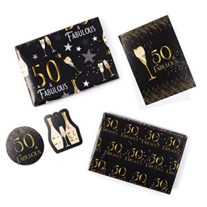 biobrown happy 50th birthday wrapping paper sheets black design including greeting card and gift tags for birthday wishes – 2 fold flat sheets