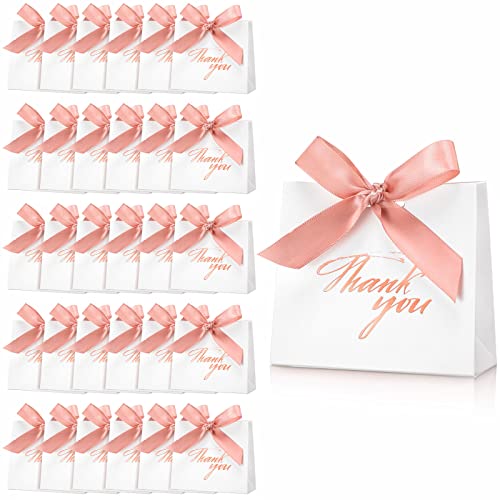 32 Pack Small Thank You Gift Bags with Rose Gold Bow Ribbon Wedding Party Favor Bags Mini Paper White Treat Thank You Box for Wedding Bridal Shower Birthday Baby Shower, 4.5 x 1.8 x 3.9 Inch