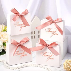 32 Pack Small Thank You Gift Bags with Rose Gold Bow Ribbon Wedding Party Favor Bags Mini Paper White Treat Thank You Box for Wedding Bridal Shower Birthday Baby Shower, 4.5 x 1.8 x 3.9 Inch