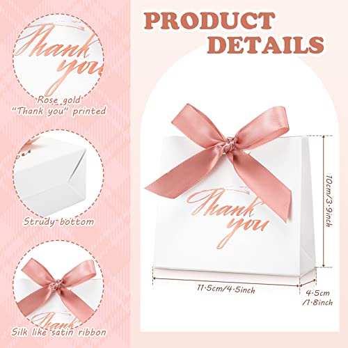 32 Pack Small Thank You Gift Bags with Rose Gold Bow Ribbon Wedding Party Favor Bags Mini Paper White Treat Thank You Box for Wedding Bridal Shower Birthday Baby Shower, 4.5 x 1.8 x 3.9 Inch