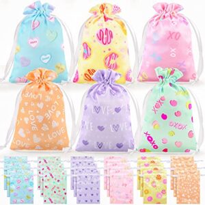48 pcs heart satin gift bags with drawstring 5 x 7 inch candy heart gift wrapping bags sweet reusable bags assorted gift bags for easter birthday kids party favors anniversary, 6 designs