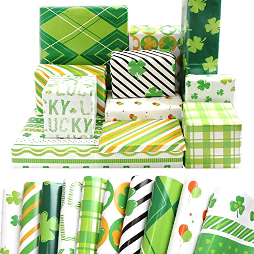 FANCY LAND 10 Sheets St.Patrick’s Day Wrapping Paper Sheets Shamrock Green Gift Wrap Folded Large Sheets 20 X 28 Gift Decoration