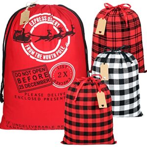 hrx package large cloth christmas gift bags, 4pcs reusable fabric drawstring wrapping bags holiday santa sack with gift tag for xmas presents